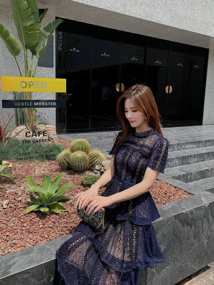 Maxi Dresses for Women New Summer Dark Blue Exquisite Lace Stitching Short Sleeve Multi-layer Cake Dress Slimming Dress