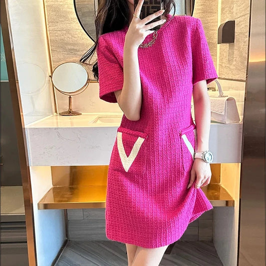 Summer New Women's Tweed Round Neck Straight Tube Pink Chic Slim Party Dress Sweet