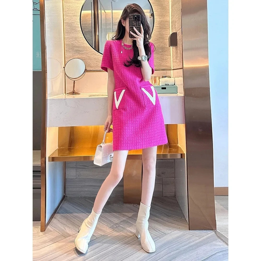 Summer New Women's Tweed Round Neck Straight Tube Pink Chic Slim Party Dress Sweet