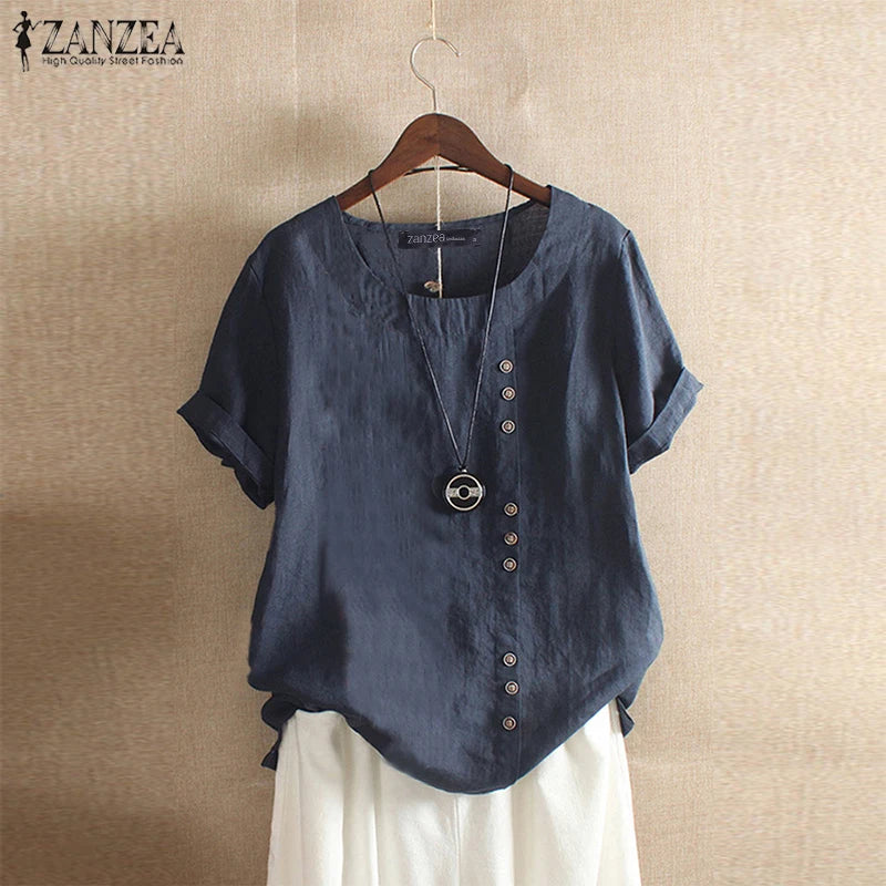 Elegant Cotton Tops Women's Summer Blouse  ZANZEA Casual Long Sleeve Shirts Female O Neck Button Blusas  Tunic