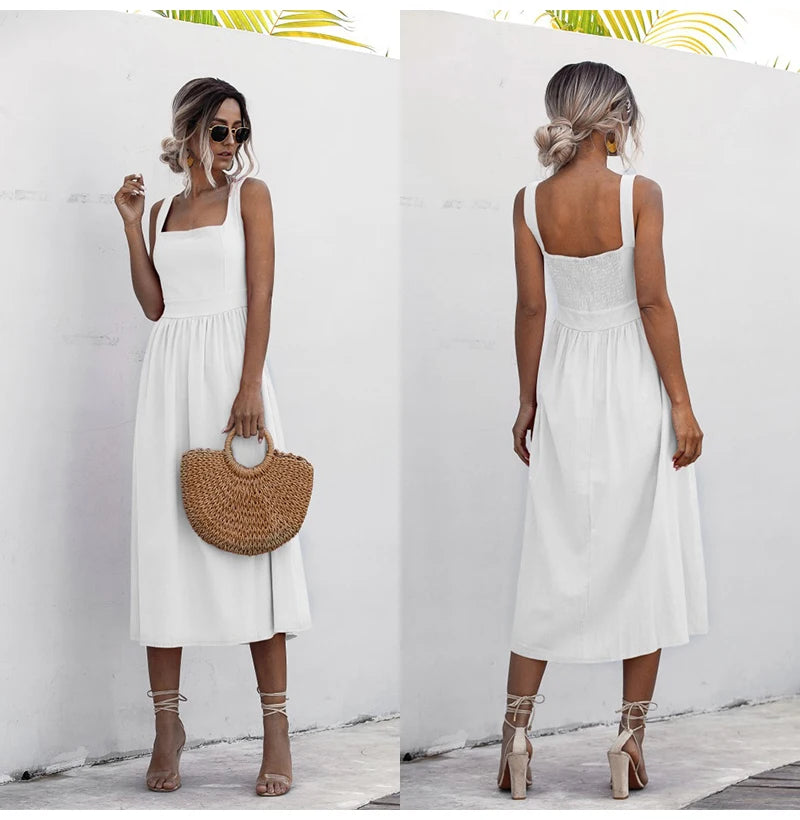 Long Dress For Women Sexy Backless Casual White Black Ruched Midi Sundresses  Summer Spaghetti Strap Women's Dress Clothing