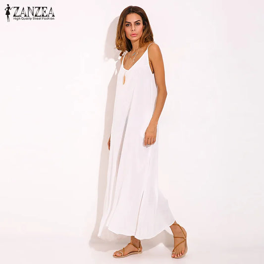 Summer ZANZEA Women  Strapless Sexy V Neck Sleeveless Dress Casual Loose Long Maxi Solid Dress White Oversized