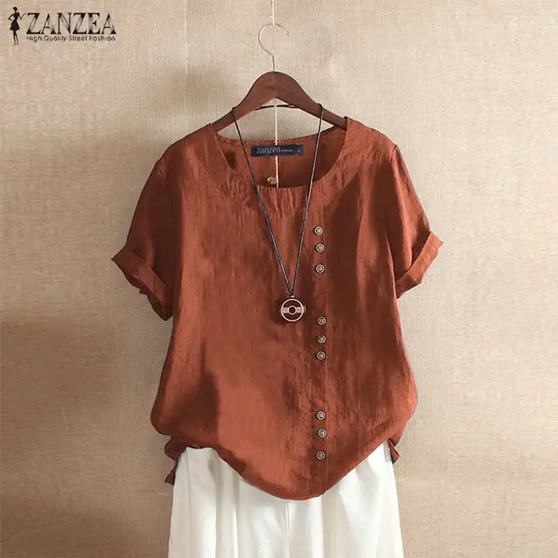 Elegant Cotton Tops Women's Summer Blouse  ZANZEA Casual Long Sleeve Shirts Female O Neck Button Blusas  Tunic