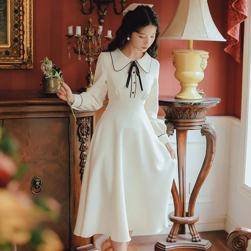 women's clothingVintage Solid Long Sleeve Bow Peter Pan Collar Woman DressVintage Solid Long Sleeve Bow Peter Pan Collar Woman Dress for Women CA Beautiful Vintage Life