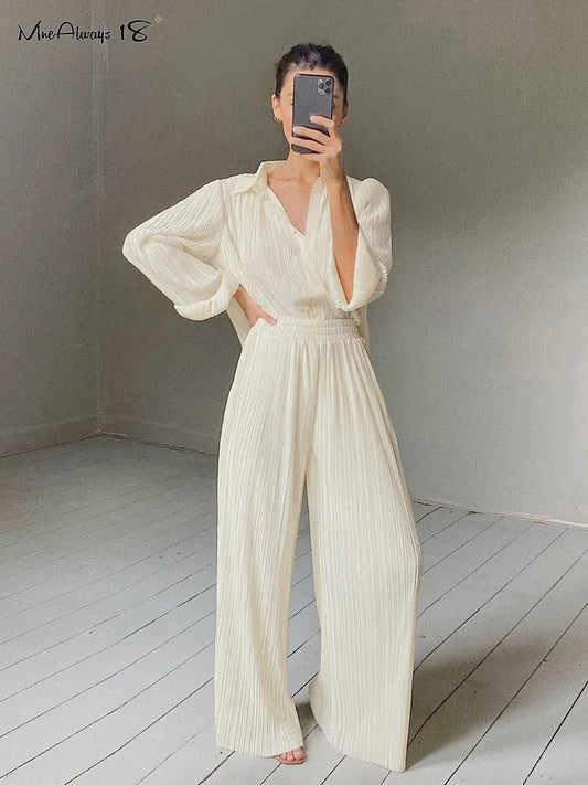 Mnealways18 Beige Pleated Wide Leg Pants Womens Pants Fashion Casual Loose Trousers Office Lady Elegant Long Palazzo Pants