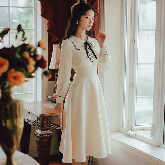 women's clothingVintage Solid Long Sleeve Bow Peter Pan Collar Woman DressVintage Solid Long Sleeve Bow Peter Pan Collar Woman Dress for Women CA Beautiful Vintage Life