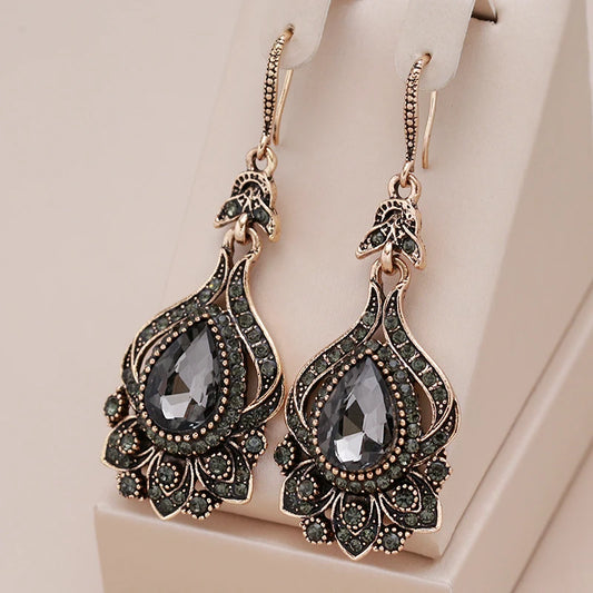 Kinel  Luxury Gray Crystal Bridal Earrings For Women Antique Gold Color Beach Party Drop Earrings Vintage Jewelry