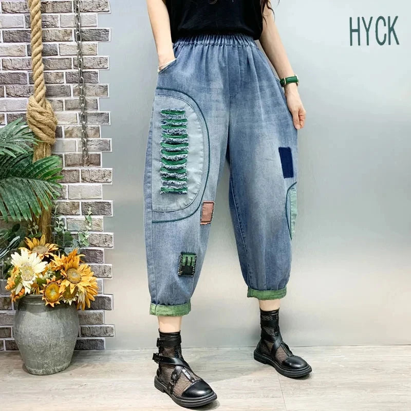 High waisted Women's jeans  Spring Autumn Vintage Loose Female Nine point Harlan Pants With pockets Women Denim Casual Pants