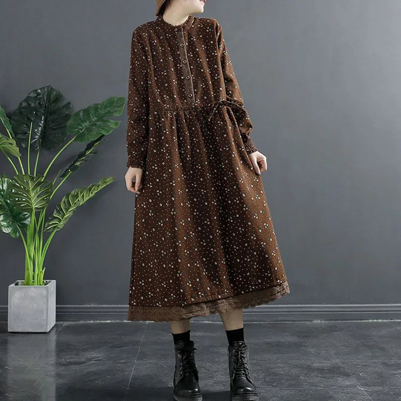 Vintage Printed Spliced Shirring Bandage Bow Ruffles Casual Dress Women's Clothing New Loose Midi Dress