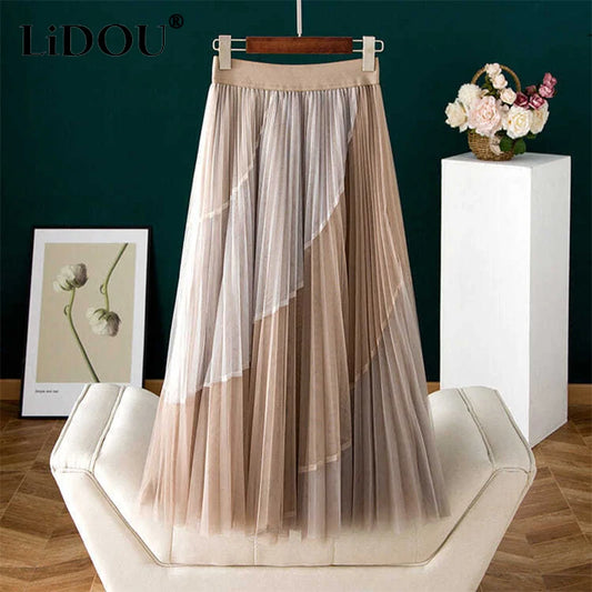 Spring Autumn Women's Elegant Fashion Patchwork Mesh Skirt Ladies Loose Casual All-match Pleated A-line Skirts Female Clothes