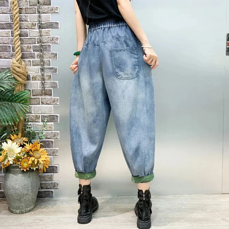 High waisted Women's jeans  Spring Autumn Vintage Loose Female Nine point Harlan Pants With pockets Women Denim Casual Pants