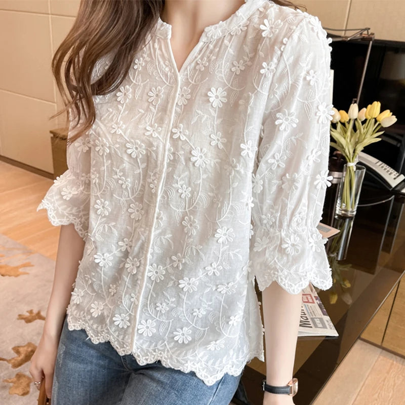 Summer Tops Lace Blouses Women Embroidery Floral Cotton White Shirt  Fashion Casual Short Sleeve Women's Shirts Blusas 9638