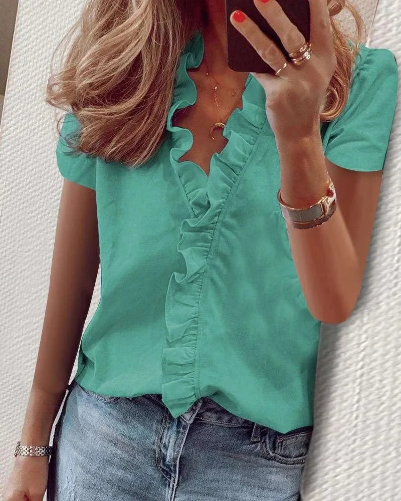 Summer women's short sleeved ruffled edge shirt