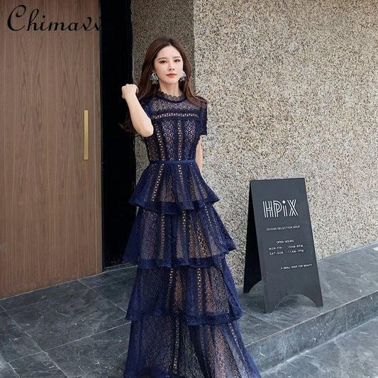 Maxi Dresses for Women New Summer Dark Blue Exquisite Lace Stitching Short Sleeve Multi-layer Cake Dress Slimming Dress