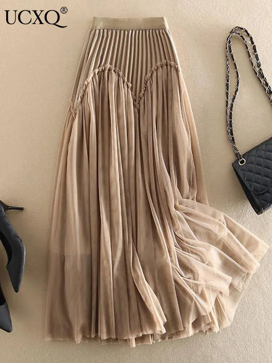 UCXQ Elegant Women's Clothing Lace Spliced Mesh A-line High Waist Khaki Black Fashion Skirts  Spring Summer 23A7144