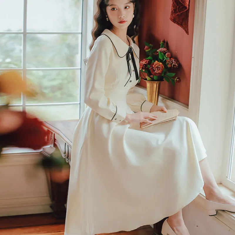 women's clothingVintage Solid Long Sleeve Bow Peter Pan Collar Woman DressVintage Solid Long Sleeve Bow Peter Pan Collar Woman Dress for Women CA Beautiful Vintage Life