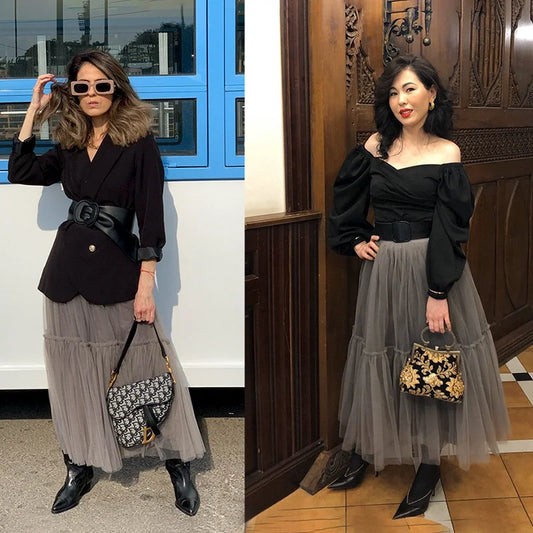 Maxi Long Tulle Skirts for Women Black Gothic Pleated Skirt Casual Party Fairycore Summer Winter Jupe Longue  Falda Mujer