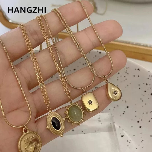 Vintage Water Drop Star Round Bear Oval Pendant Necklace Geometric Gold Color Titanium Steel Jewelry