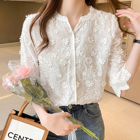 Summer Tops Lace Blouses Women Embroidery Floral Cotton White Shirt  Fashion Casual Short Sleeve Women's Shirts Blusas 9638