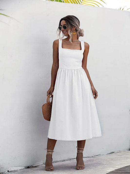 Long Dress For Women Sexy Backless Casual White Black Ruched Midi Sundresses  Summer Spaghetti Strap Women's Dress Clothing