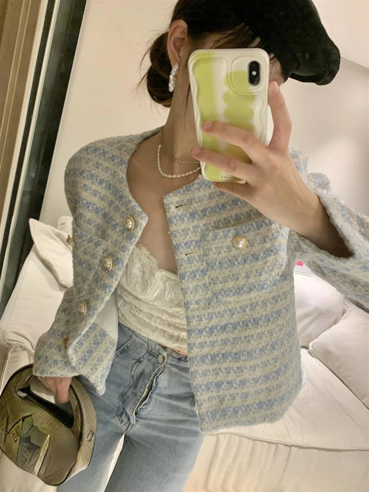 Woherb Casual Tops Fashion Tweed Striped Jackets for Women  Ropa Mujer Temperament Tunic Vintage Coat Women's Clothes