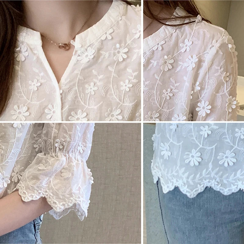 Summer Tops Lace Blouses Women Embroidery Floral Cotton White Shirt  Fashion Casual Short Sleeve Women's Shirts Blusas 9638