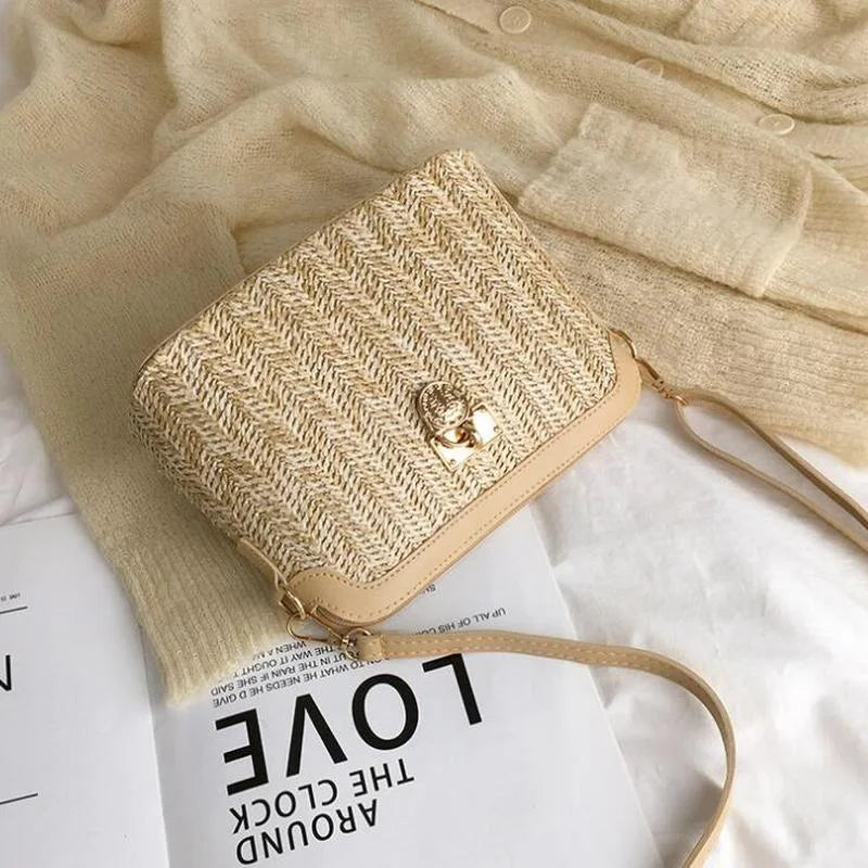 Casual Chains Straw Bucket Bags Women Summer Messenger Bag Rattan Bags Beach Lady Travel Purses and Handbags Shoulder Bag