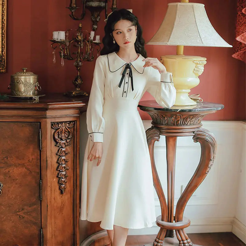women's clothingVintage Solid Long Sleeve Bow Peter Pan Collar Woman DressVintage Solid Long Sleeve Bow Peter Pan Collar Woman Dress for Women CA Beautiful Vintage Life