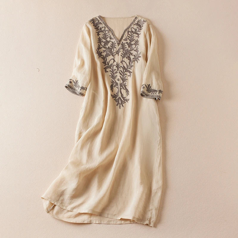 Vintage Printed Women Dresses  New French Loose V-neck Clothing Short Sleeve Summer A-line Embroidery Empire Dress YCMYUNYAN