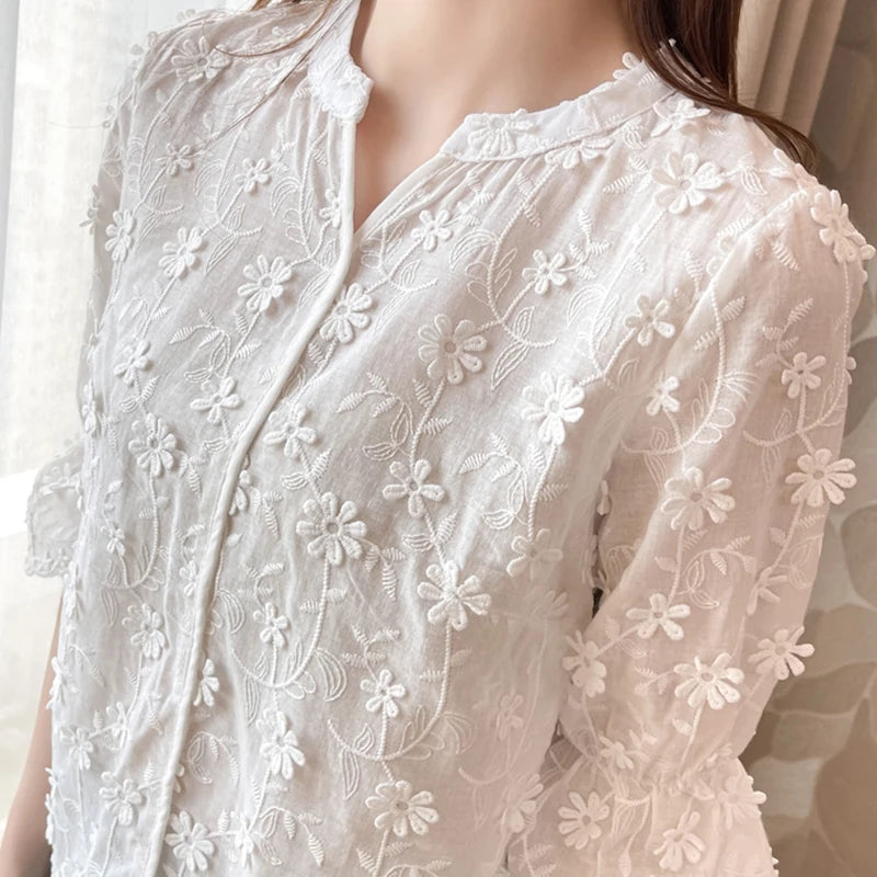 Summer Tops Lace Blouses Women Embroidery Floral Cotton White Shirt  Fashion Casual Short Sleeve Women's Shirts Blusas 9638